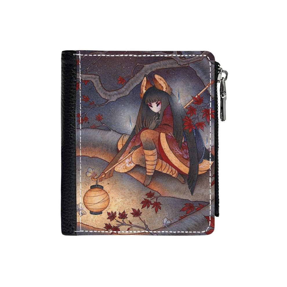 (Lantern Light - Kitsune Yokai TeaKitsune_93) PU Wallet Compact Bifold with Zipper & Multiple Card Coins Slots Black Stylish Durable Graphic Design Pr-image-OPC-PH7WV59-NEW