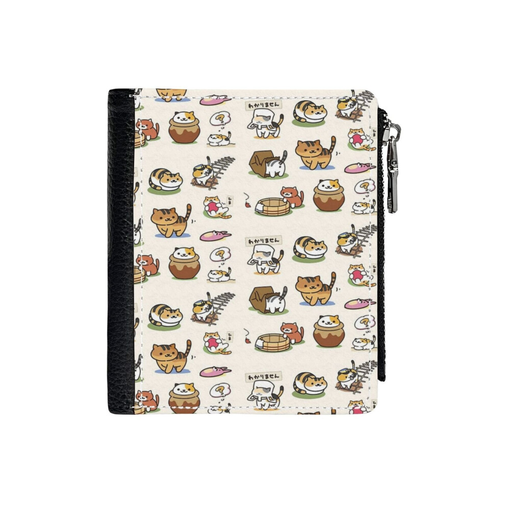 (Neko Atsume - Deluxe_18) PU Wallet Compact Bifold with Zipper & Multiple Card Coins Slots Black Stylish Durable Graphic Design Print for Men Women Ki-image-OPC-PH7WXKN-NEW