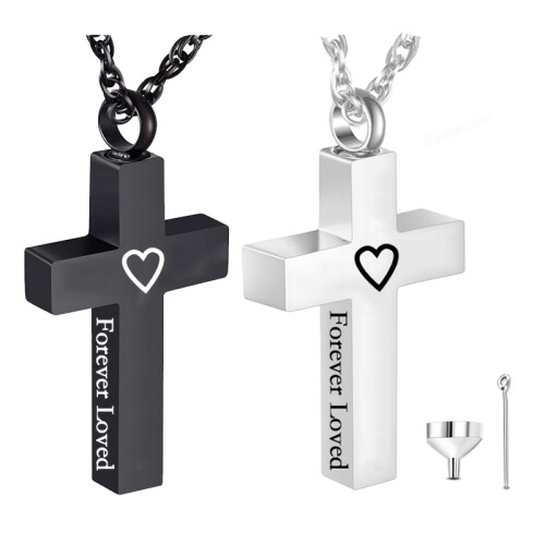 (argento-3 pezzi) (argento-3 pezzi) Urna per cremazione con cuore in argento/croce nera per uomo/donna 2