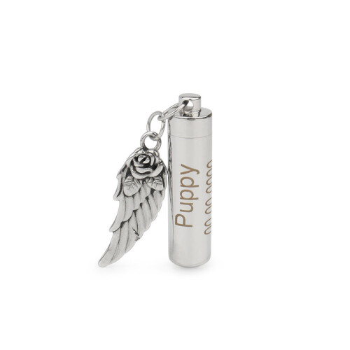 Personalized Name Pet Ashes Bottle Necklace Cylindrical Angel Wing