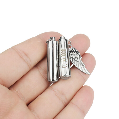 Personalized Name Pet Ashes Bottle Necklace Cylindrical Angel Wing 2