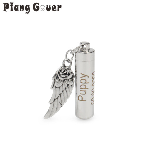 Personalized Name Pet Ashes Bottle Necklace Cylindrical Angel Wing 1
