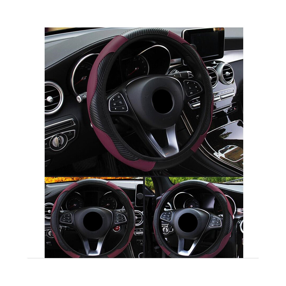 (1 Claret)New Universal Car Steering Wheel Cover Non-Slip Pu Leather Steering Wheel Covers Carbon Fiber 9319708090628