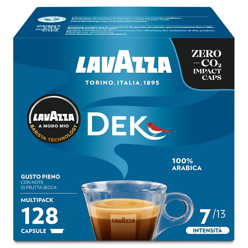 Lavazza, A Modo Mio Dek Cremoso, 128 Capsules de Caf?, pour un Espresso D?caf?in? aux Notes d'amandes et de Fruits Confits, 100% Arabica, Intensit? 7/