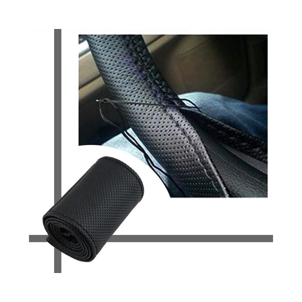 ( Thread) Universal Pu Leather Car Steering Wheel Cover With Needles And Thread Breathable, Anti-Slip Black 9319708094220