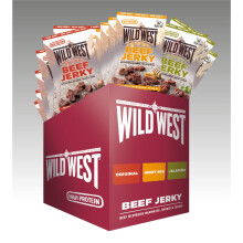 Wild West Beef Jerky Mix Box 60 g, lot de 12 avec 4 pi?ces d'origine, 4 barbecues au miel, 4 b?ches Jalapeno, viande de b?uf s?ch?e, boeuf Jerky high