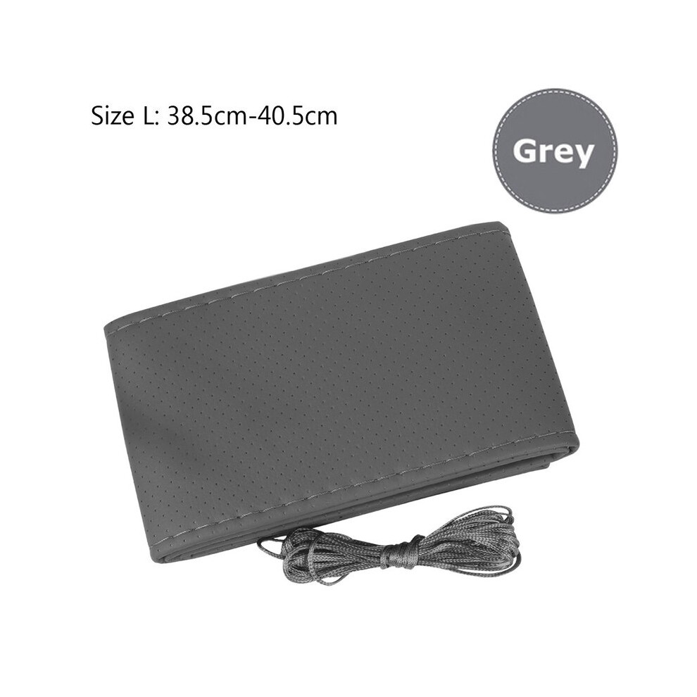 (Size L Grey)1pc DIY Car Steering Wheel Cover with Needles and Thread Faux Leather Gray / Black #HA10328-image-OPC-PH7X9DM-NEW