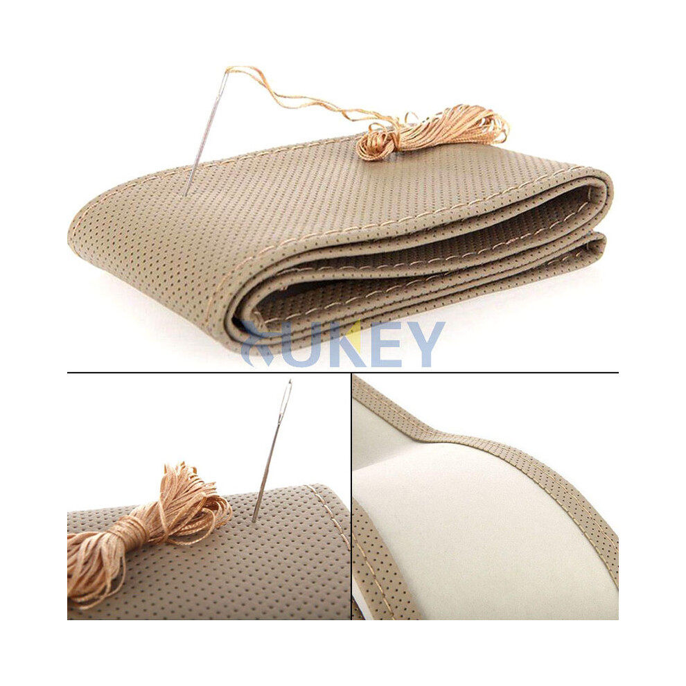 (Beige)Diy Pu Leather Car Steering Wheel Cover Hand Stitched With Thread Needle 38Cm Breathable Steering Beige 9319708097122