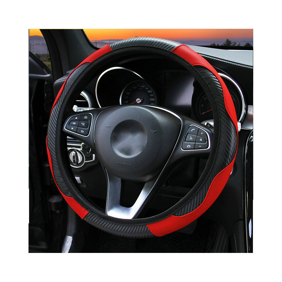 (Red)Car Steering Wheel Cover Carbon Fiber Breathable Non-Slip Pu Leather Universal 37-38 Red 9319708098044