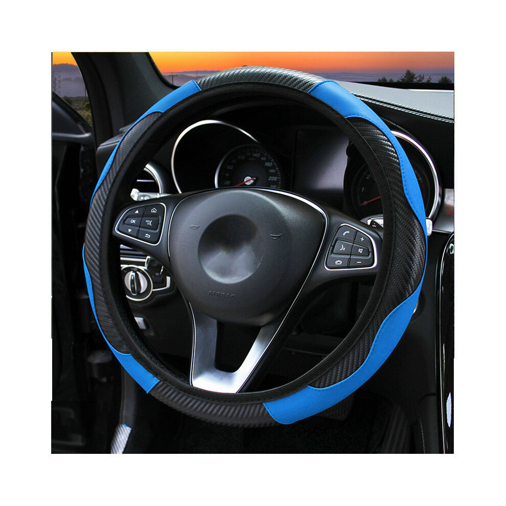 (Blue)Car Steering Wheel Cover Carbon Fiber Breathable Non-Slip Pu Leather Universal 37-38 Blue 9319708098020