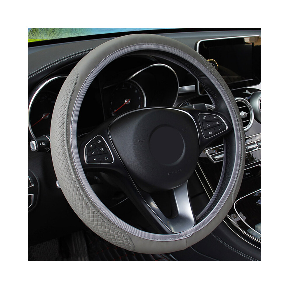 (Grey) Universal Car Steering Wheel Cover Decorative Pu Microfiber Embossing For Car Interior Grey 9319708098242