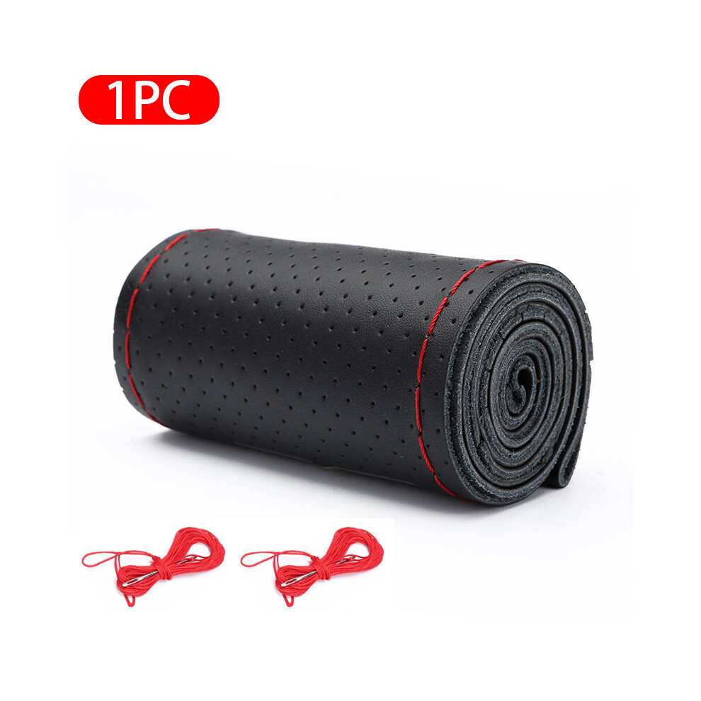 ( Red)Genuine Leather Car Steering Wheel Cover With Needles Diy Braid 37-38Cm Non-Slip Cowhide Black/Red 9319708099607