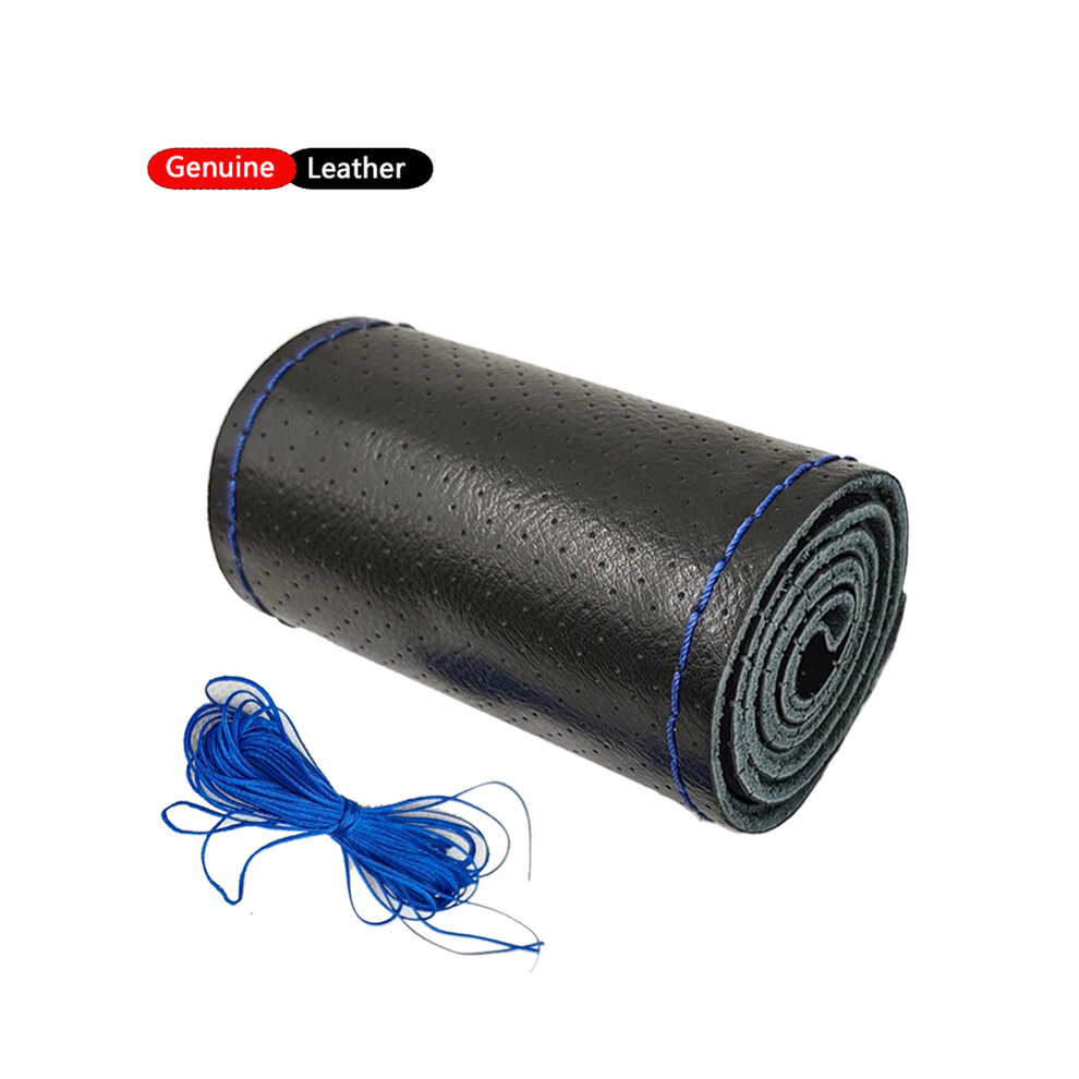 (Ligne bleue H) Housse de volant de voiture en cuir véritable tressé respirant de 38 cm
