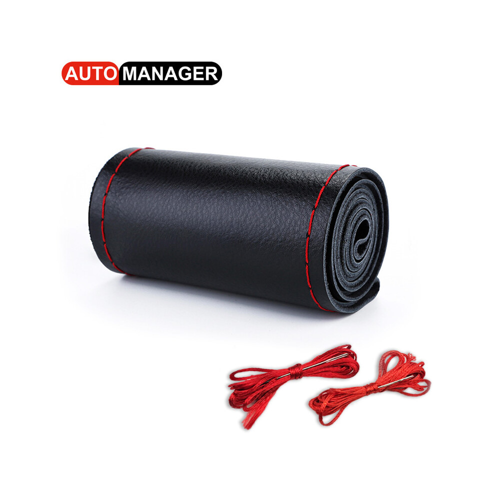 ( And Red)Braid Steering Wheel Cover Genuine Cowhide Car Steering Wheel Wrapped With Needle Thread Black/Red 9319708106848