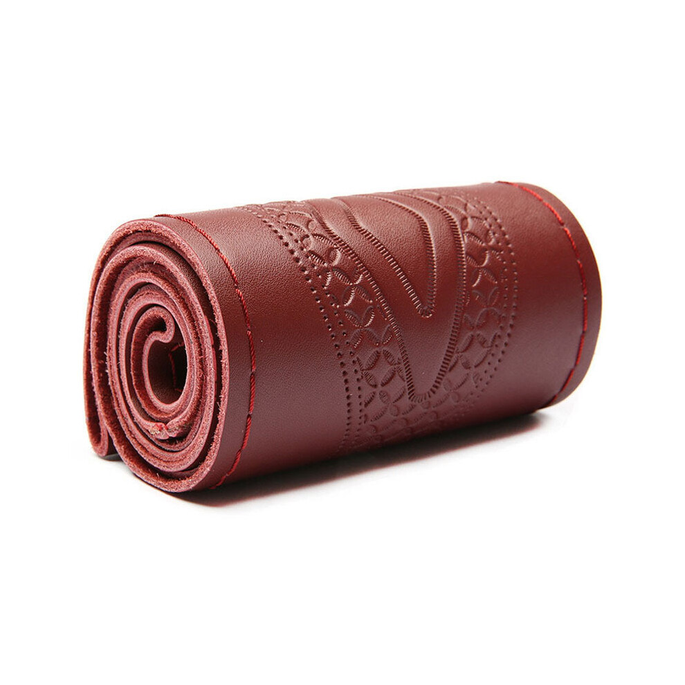 ( Wine) Universal 37-38Cm Genuine Leather Fashion Embossed Car Steering Wheel Cover Cowhide Red 9319708107272