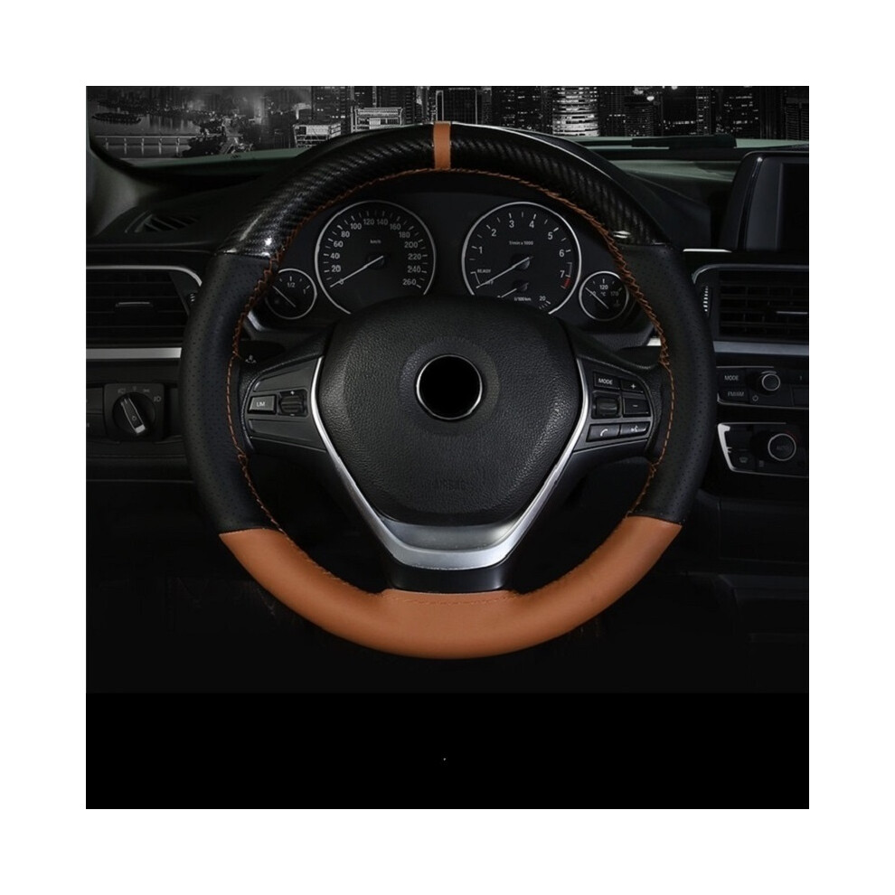(Brown) 38Cm 15 Inch Carbon Fiber Leather Steering Wheel Cover With Needle And Thread Hand Stitched Brown 9319708109641