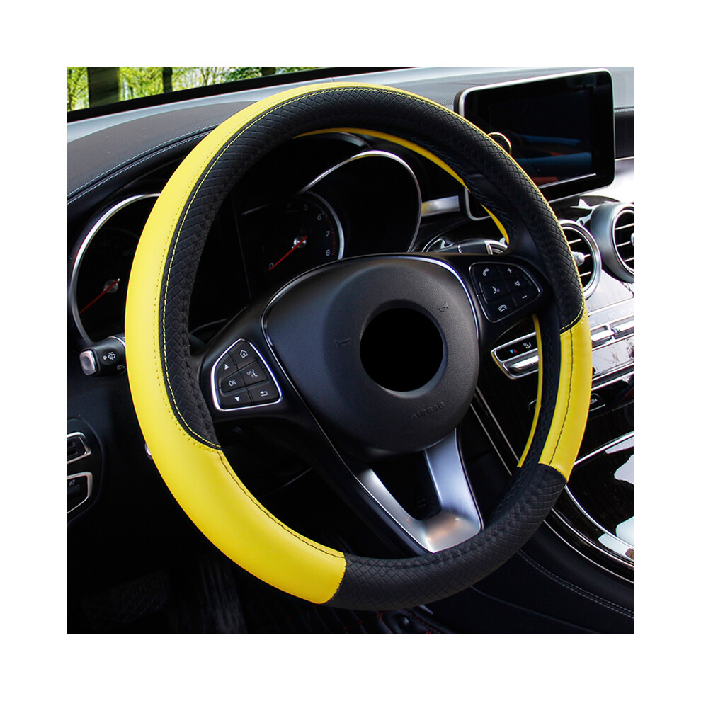 (Yellow)2024 New Car Steering Wheel Cover 37-38Cm Leather Breathable Fabric Braid Car Yellow 9319708109924