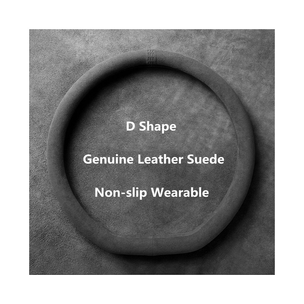 (D Shape )Car Steering Wheel Covers Cowhide Suede Leather Steering Wheel Covers Universal Black 9319708111224