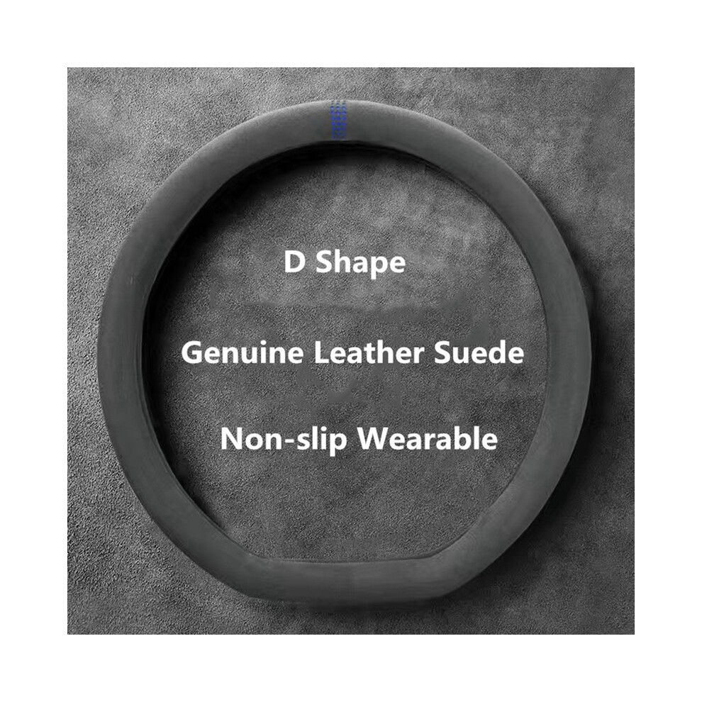 (D Shape )Car Steering Wheel Covers Cowhide Suede Leather Steering Wheel Covers Blue 9319708111231