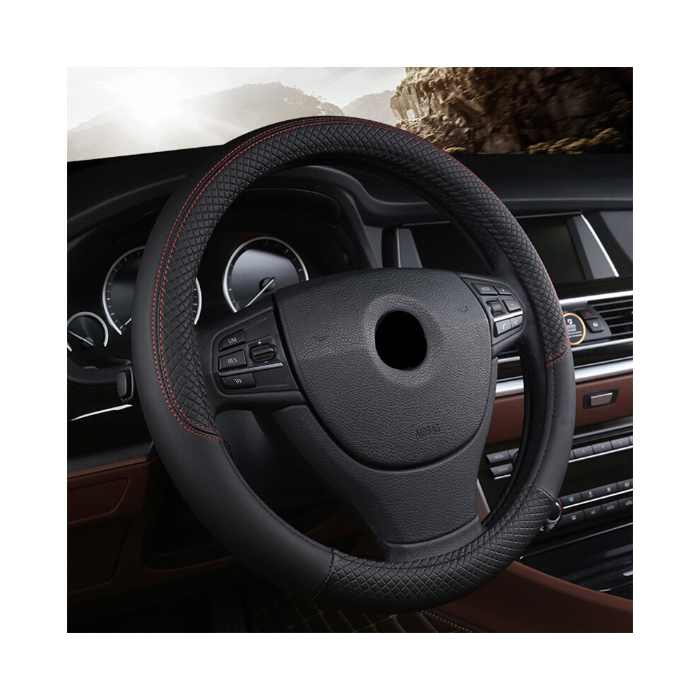(Black)Car Steering Wheel 37Cm-38Cm Leather Hand-Stitched Pu Leather Car Steering Wheel Cover Fits Most Black 9319708111453