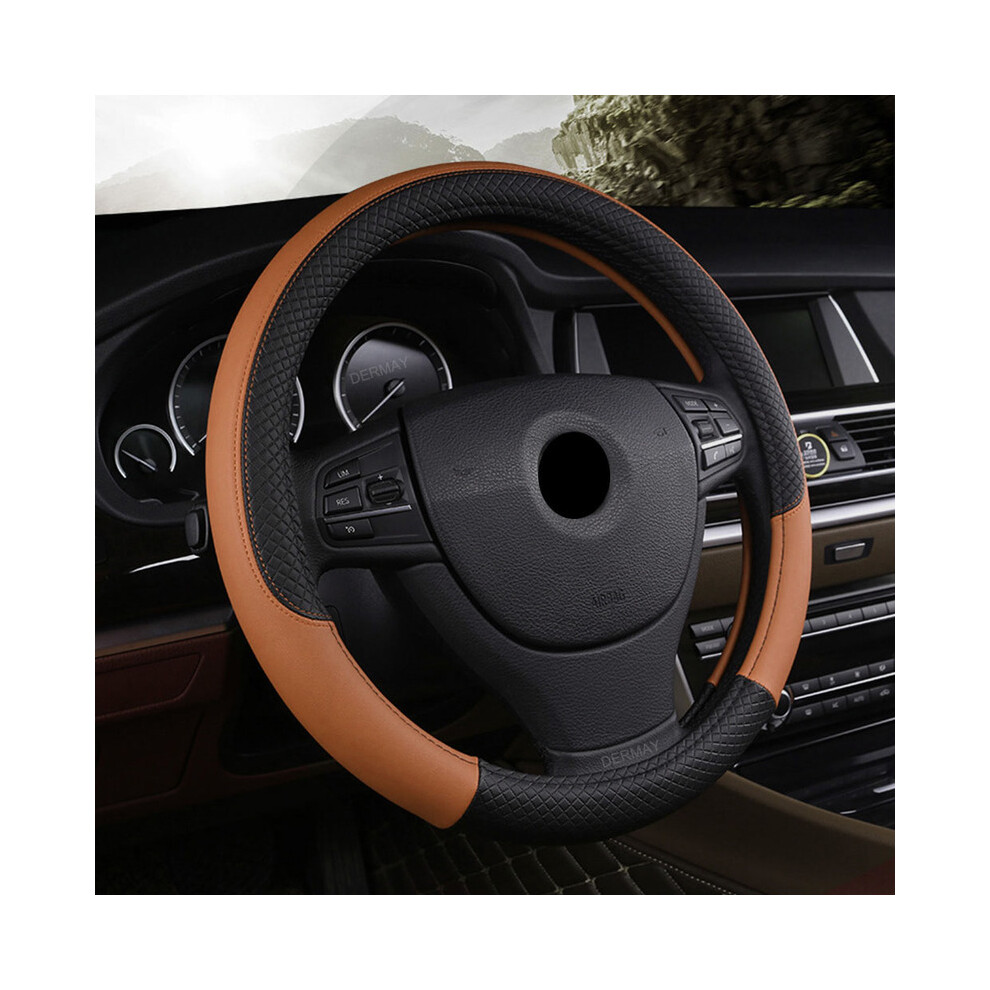 (Brown)Car Steering Wheel 37Cm-38Cm Leather Hand-Stitched Pu Leather Car Steering Wheel Cover Fits Most Brown 9319708111477