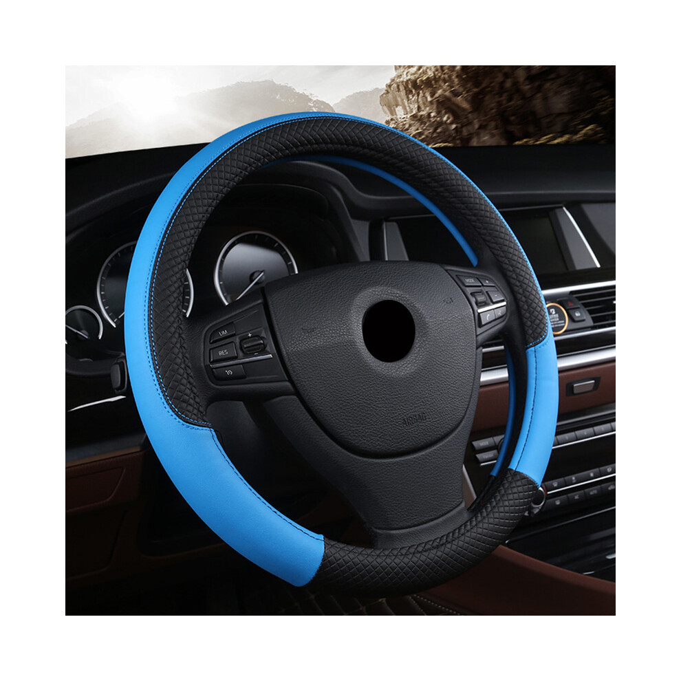 (Blue)Car Steering Wheel 37Cm-38Cm Leather Hand-Stitched Pu Leather Car Steering Wheel Cover Fits Most Blue 9319708111460
