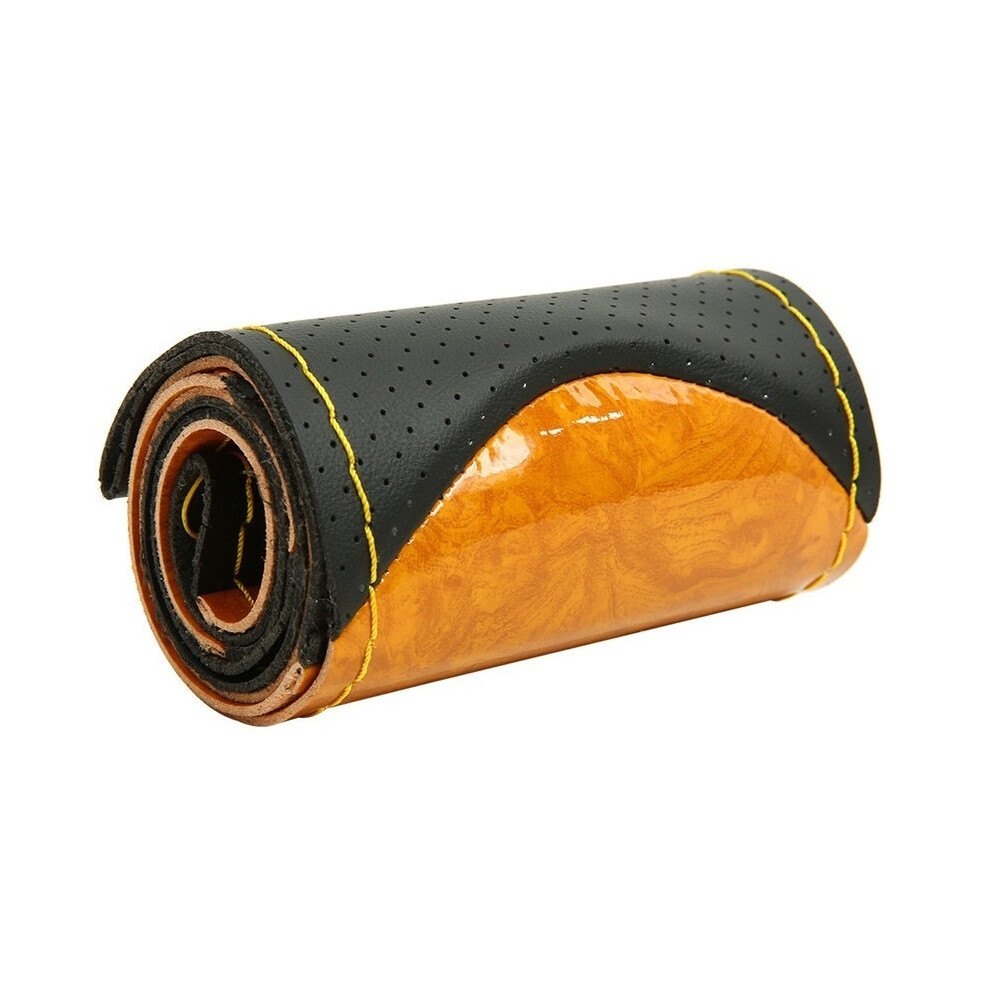 (Yellow) 38Cm Wooden Pattern Steering Wheel Cover Universal Braided Leather Car Wheel Cover Yellow 9319708112191