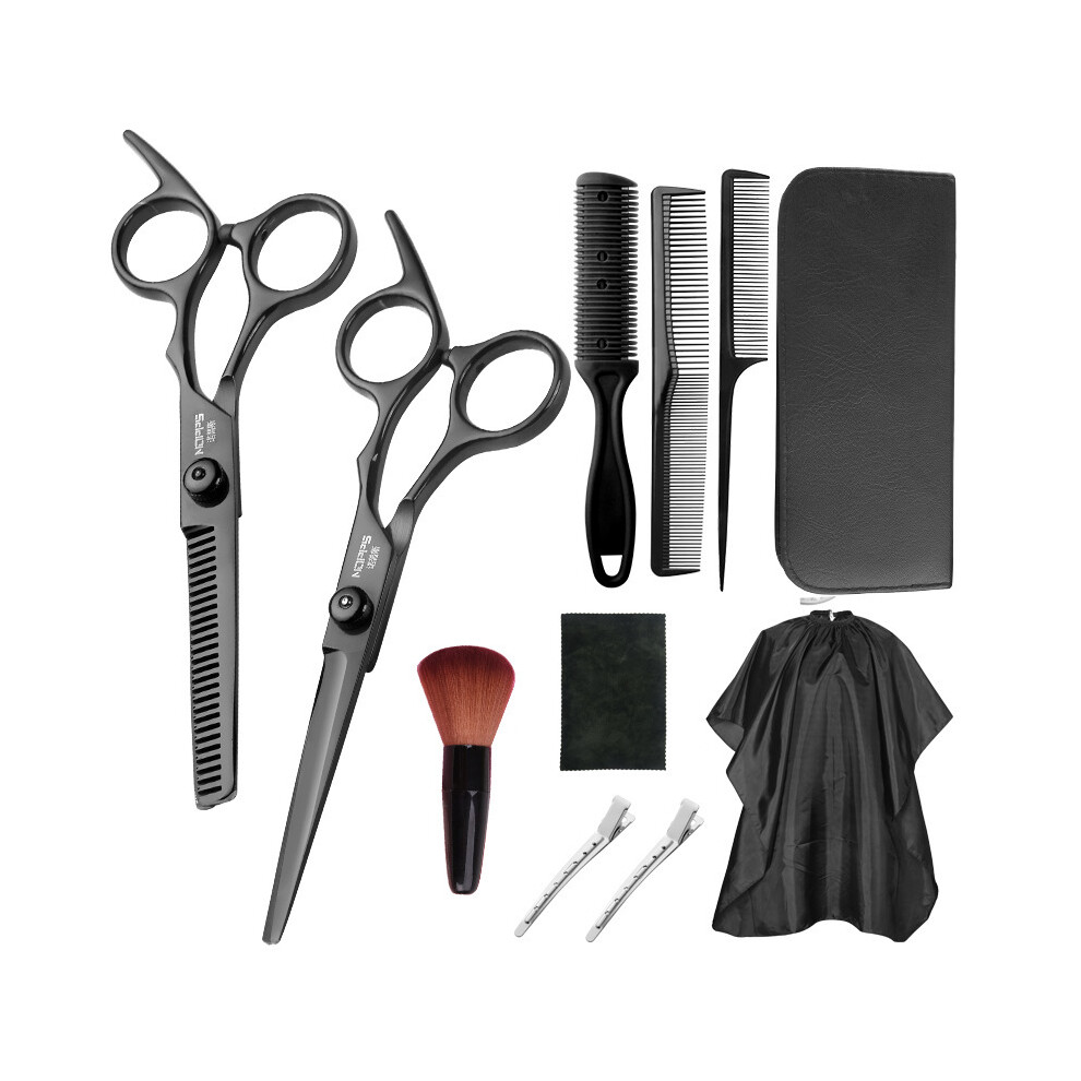 (Black 11 pcs)Professional hairdressing scissors set stainless steel barber scissors tail comb
