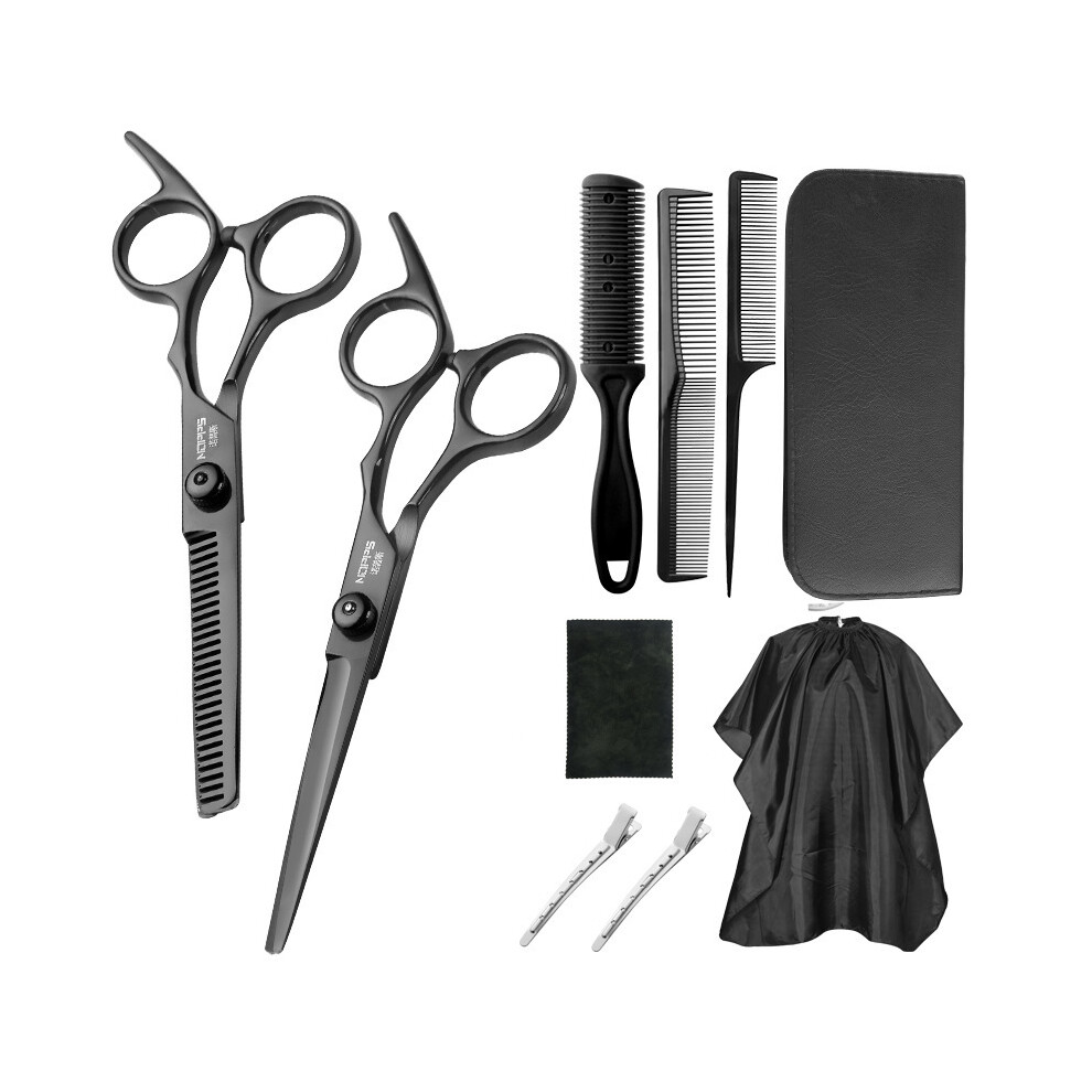 (Black 10 pcs)Professional hairdressing scissors set stainless steel barber scissors tail comb