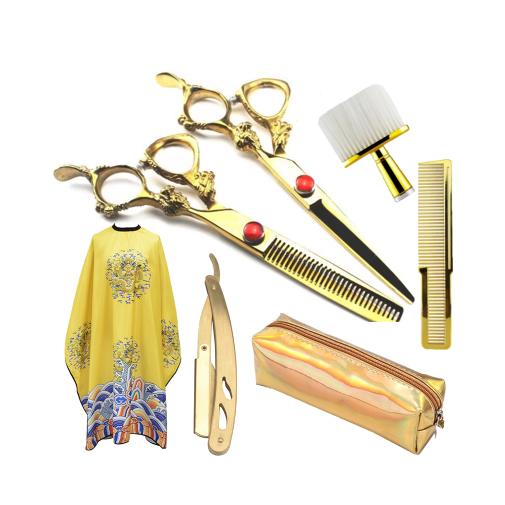 (7 Inch Color 5sets)7 Inch Barber Scissors and Comb Barber Cape Razor Hair Brush Professional Barber
