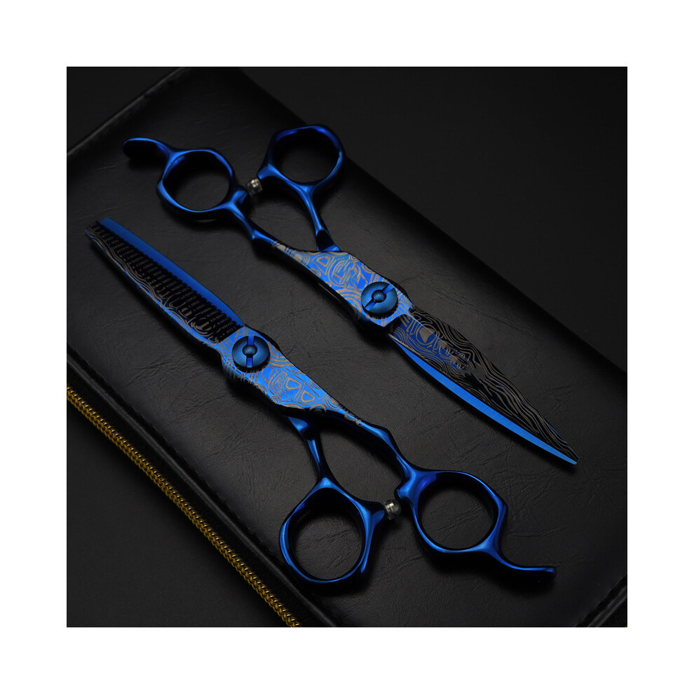 Blue (Set With Bag) Professional 6'' Upscale Scissors Damascus Hair Scissors Cutting Barber