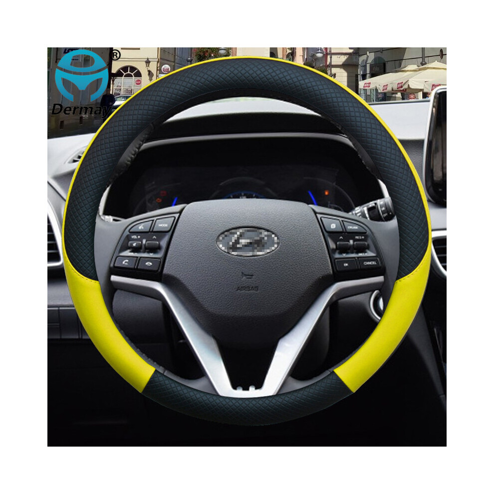 (Yellow)Leather Car Steering Wheel Cover Non-Slip Hyundai I30 Kona I10 I35 Elantra Santa Fe Yellow 9319708134414