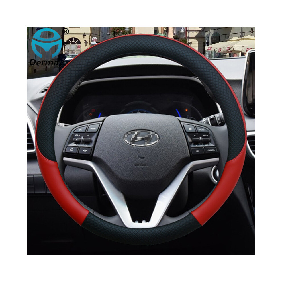(Red)Leather Car Steering Wheel Cover Non-Slip Hyundai I30 Kona I10 I35 Elantra Santa Fe Car Accessories Red 9319708134391