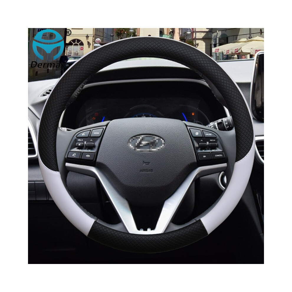 (White)Leather Car Steering Wheel Cover Non-Slip Hyundai I30 Kona I10 I35 Elantra Santa Fe White 9319708134407