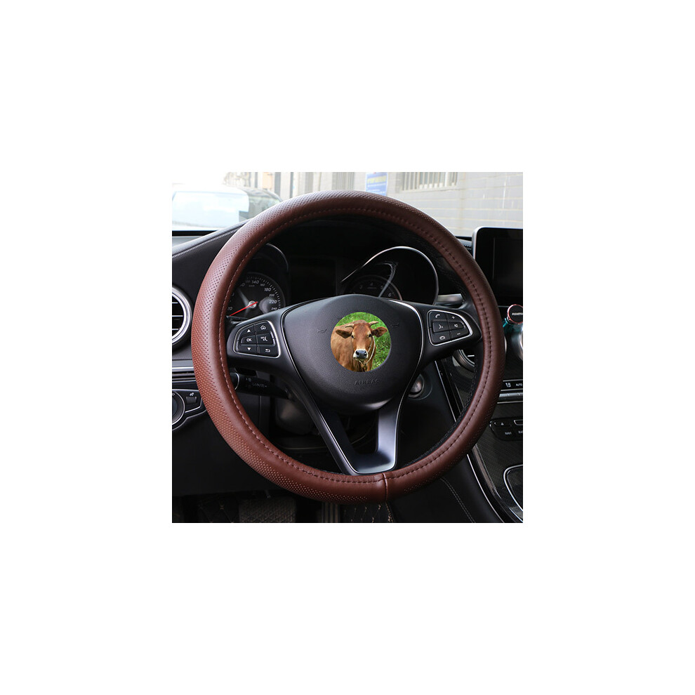 (Brown) Universal 38Cm Car Steering Wheel Cover Genuine Leather For Steering Wheel 15 Inch Cowhide Brown 9319708135022