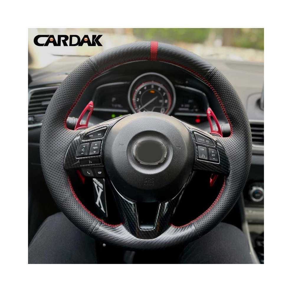 ( Marker Thread)Carbon Fiber Leather Steering Wheel Cover Mazda 3 Axela Mazda 6 Atenza Mazda 2 Cx-3 Red 9319708135954