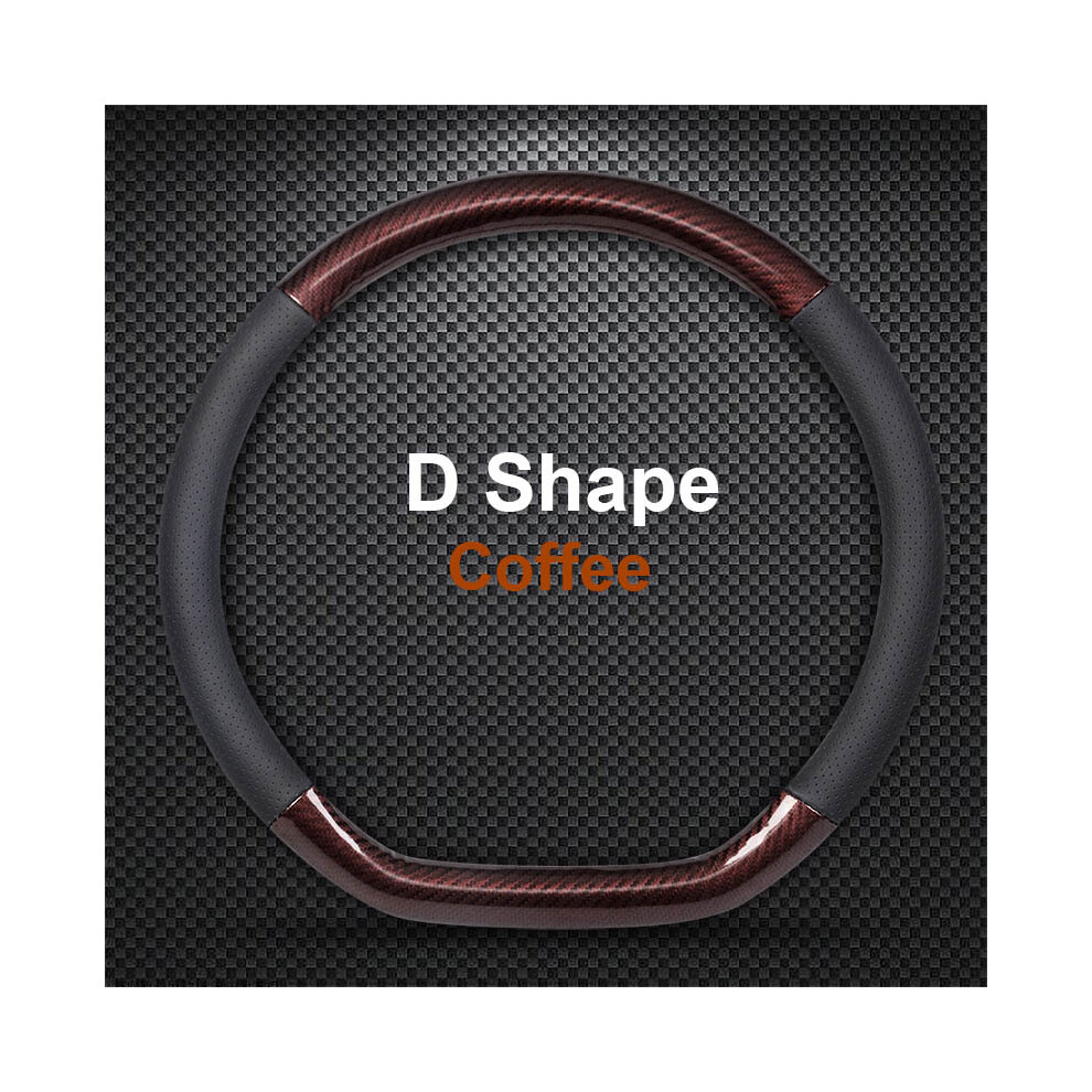 (D-Shaped Coffee)D Shape O Shape Steering Wheel Cover Genuine Leather Cowhide + Carbon Fiber 38Cm 9319708142181