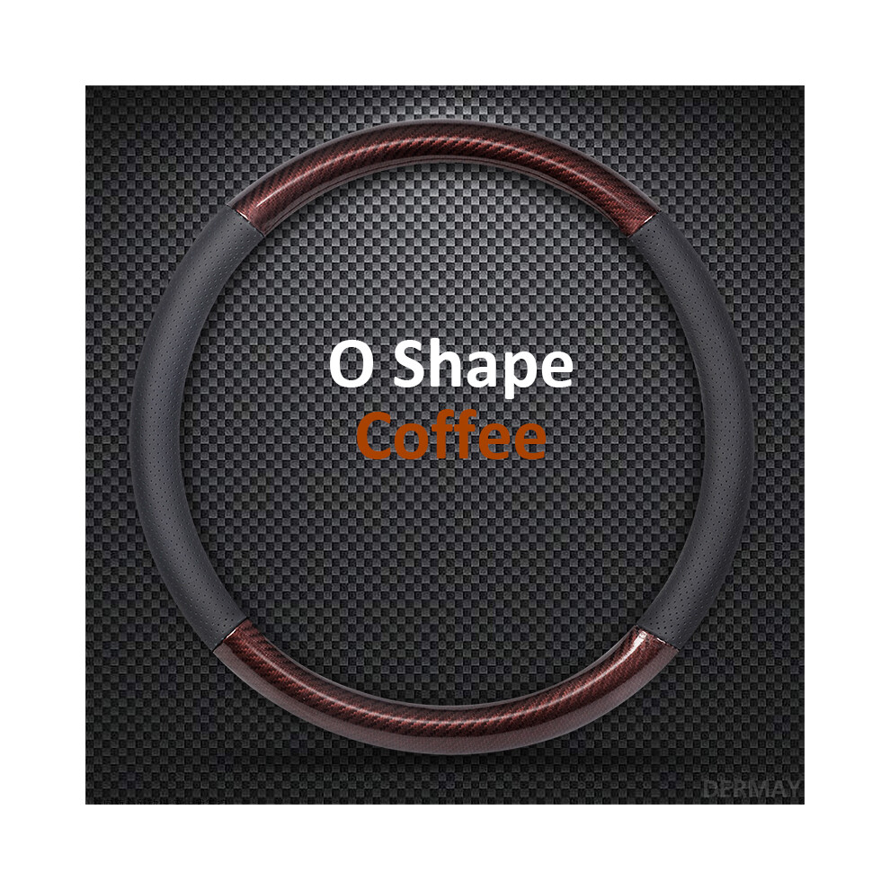 (O-Shaped Coffee)D Shape O Shape Steering Wheel Cover Genuine Leather Cowhide + Carbon Fiber 38Cm 9319708142228