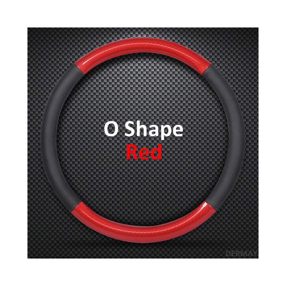 (O Shape ) D Shape O Shape Steering Wheel Cover Genuine Leather Cowhide + Carbon Fiber 38 Cm Red 9319708142235