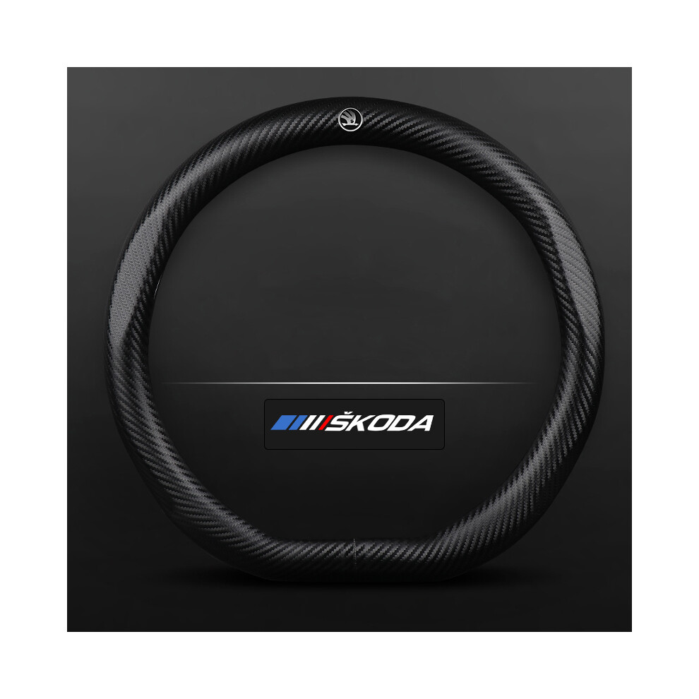 (D) Car Embossed Skoda Carbon Fiber Steering Wheel Cover Octavia Kodiaq Rapid Kamiq Fabia Yeti Superb 9319708144741