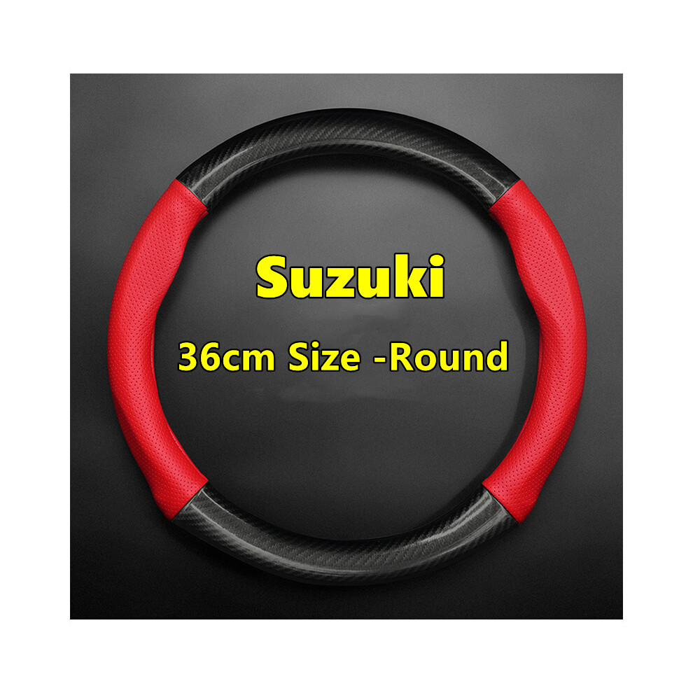 (36Cm-Round-)Suzuki Steering Wheel Cover Leather Carbon Fiber Fit Dzire Celerio Ciaz Baleno Solio Red 9319708145052