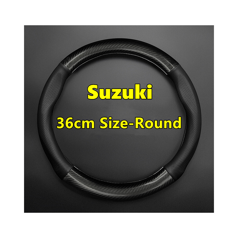 (36Cm-Round-)Suzuki Steering Wheel Cover Leather Carbon Fiber Fit Dzire Celerio Ciaz Baleno Solio Black 9319708145045