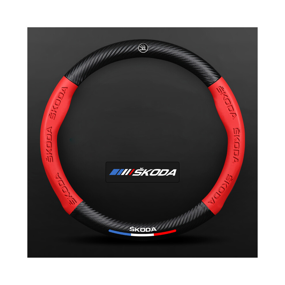 (O) Car Embossed Skoda Carbon Fiber Steering Wheel Cover Octavia Kodiaq Rapid Kamiq Fabia Yeti Superb 9319708144758