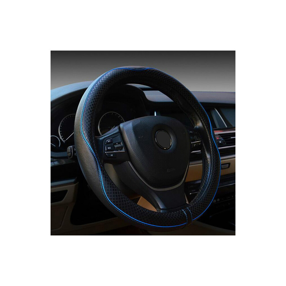 Housse de volant de voiture universelle en cuir (bleu) 38 cm, style voiture de sport