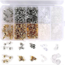 (As show, One size) Kongqtee 1040pcs Earring Backs, 10 Styles Earring Backings Kit, Metal Plastic Rubber Earring Back Clips Bullet Butterfly Flower Shape