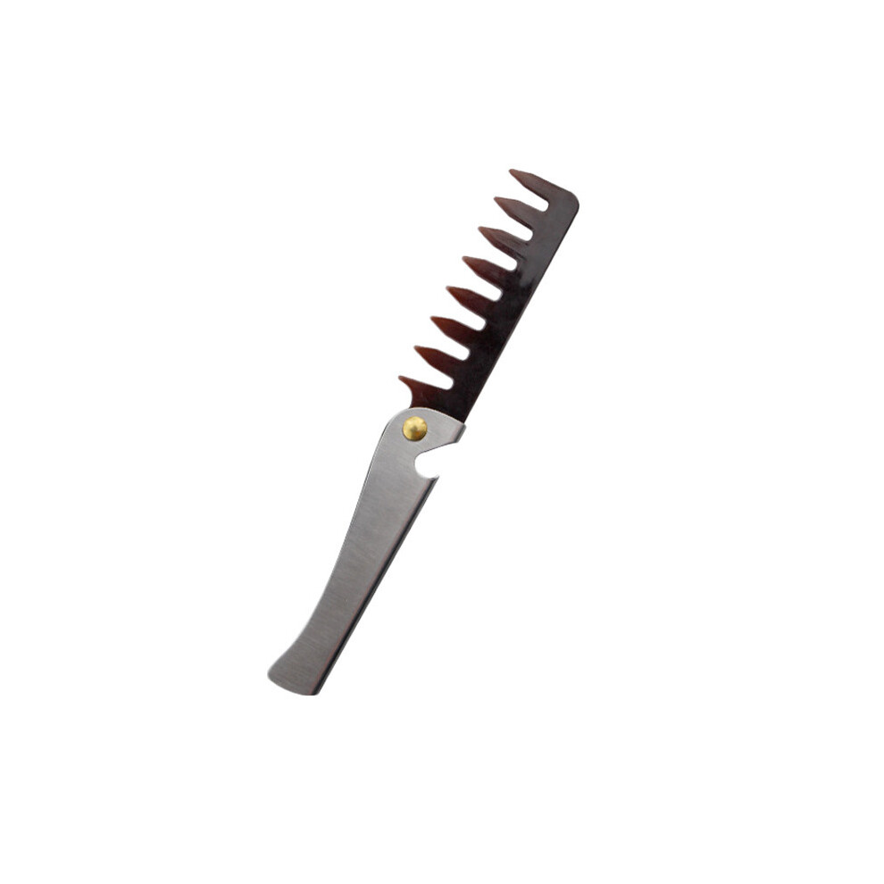 (Silver Wide Tooth) Oil Head Comb Barber Stainless Steel Handle Folding Wide Teeth Men's Comb