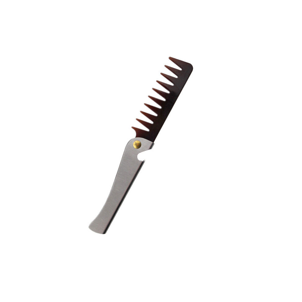 (Silver Fine Tooth)Oil Head Comb Barber Stainless Steel Handle Folding Wide Teeth Men's Comb