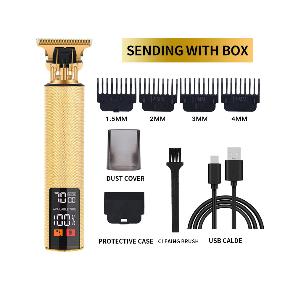 (LCD Gold)Electric Barber T9 Upgraded LCD Rechargeable Retro Oil Head Carving Electric Push Shear