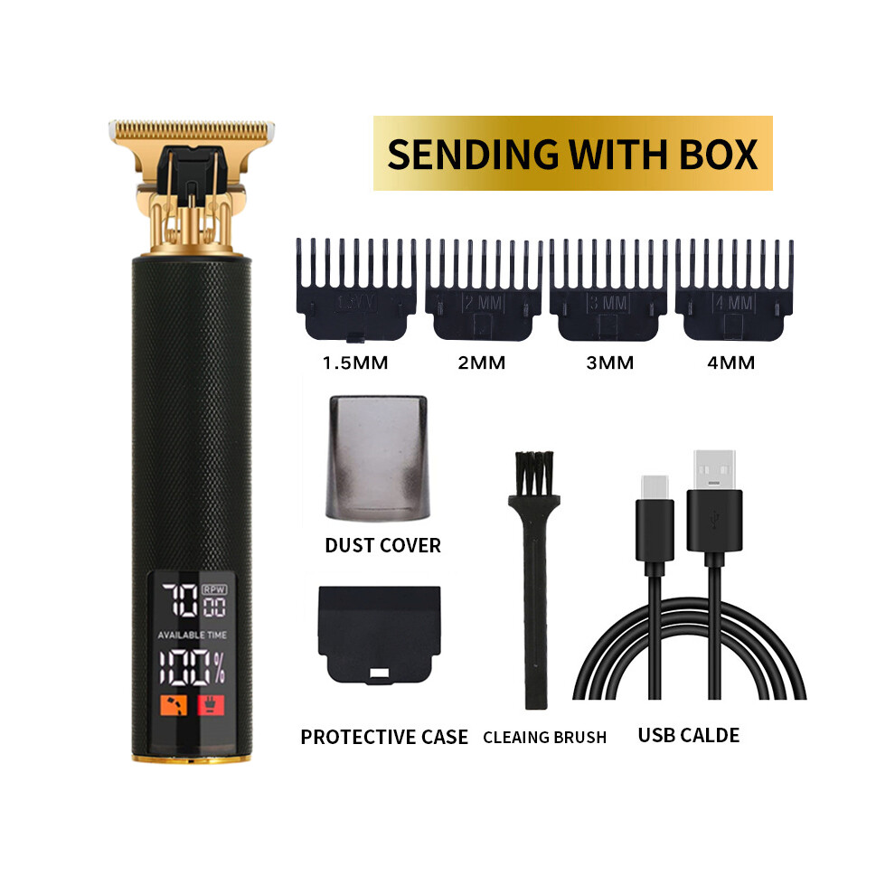 (LCD Black)Electric Barber T9 Upgraded LCD Rechargeable Retro Oil Head Carving Electric Push Shear