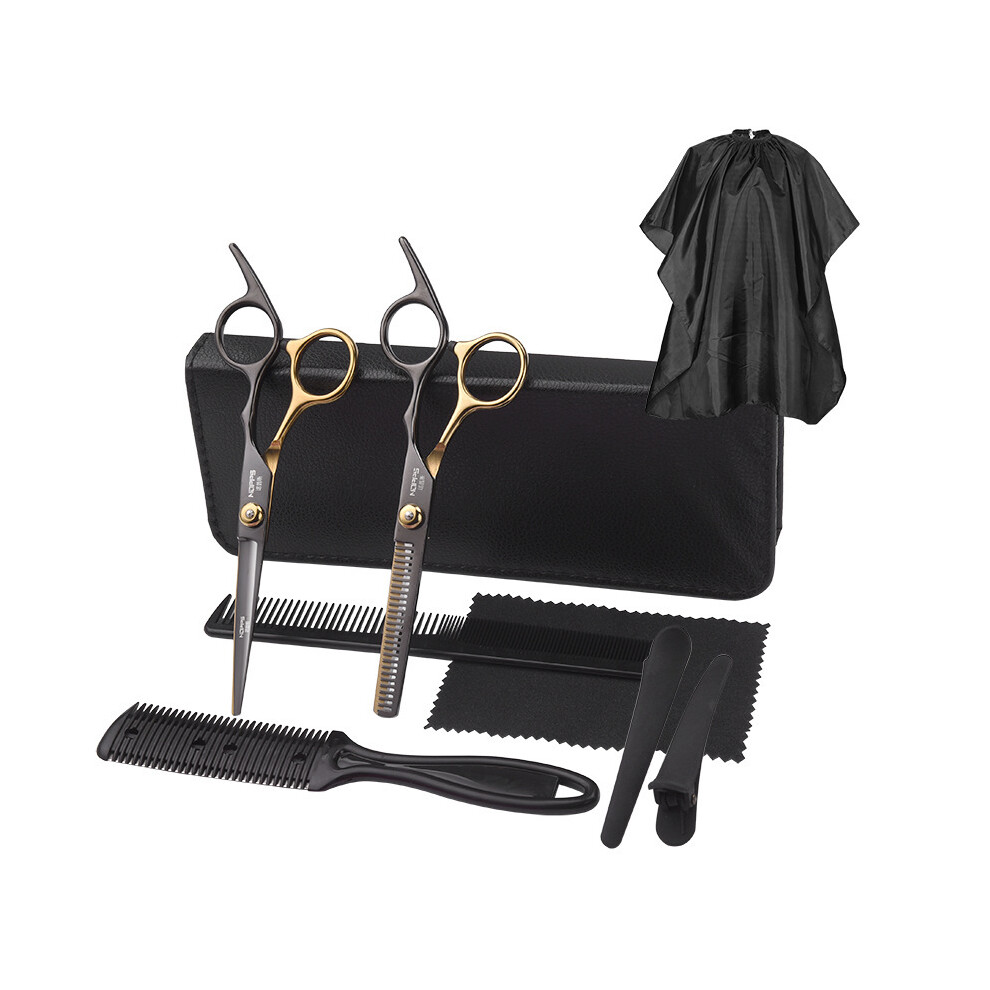 Black/Gold ( - 9 Pcs)Professional Hair Salon Scissors Haircut Scissors Barber Hairdresser Tool Tail Comb